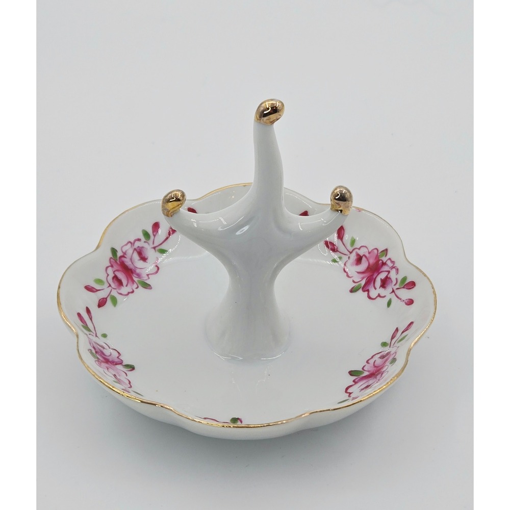 Vintage I.W. Rice Hand Painted Porcelain Ring Holder Pink Rose Gold Trim Japan